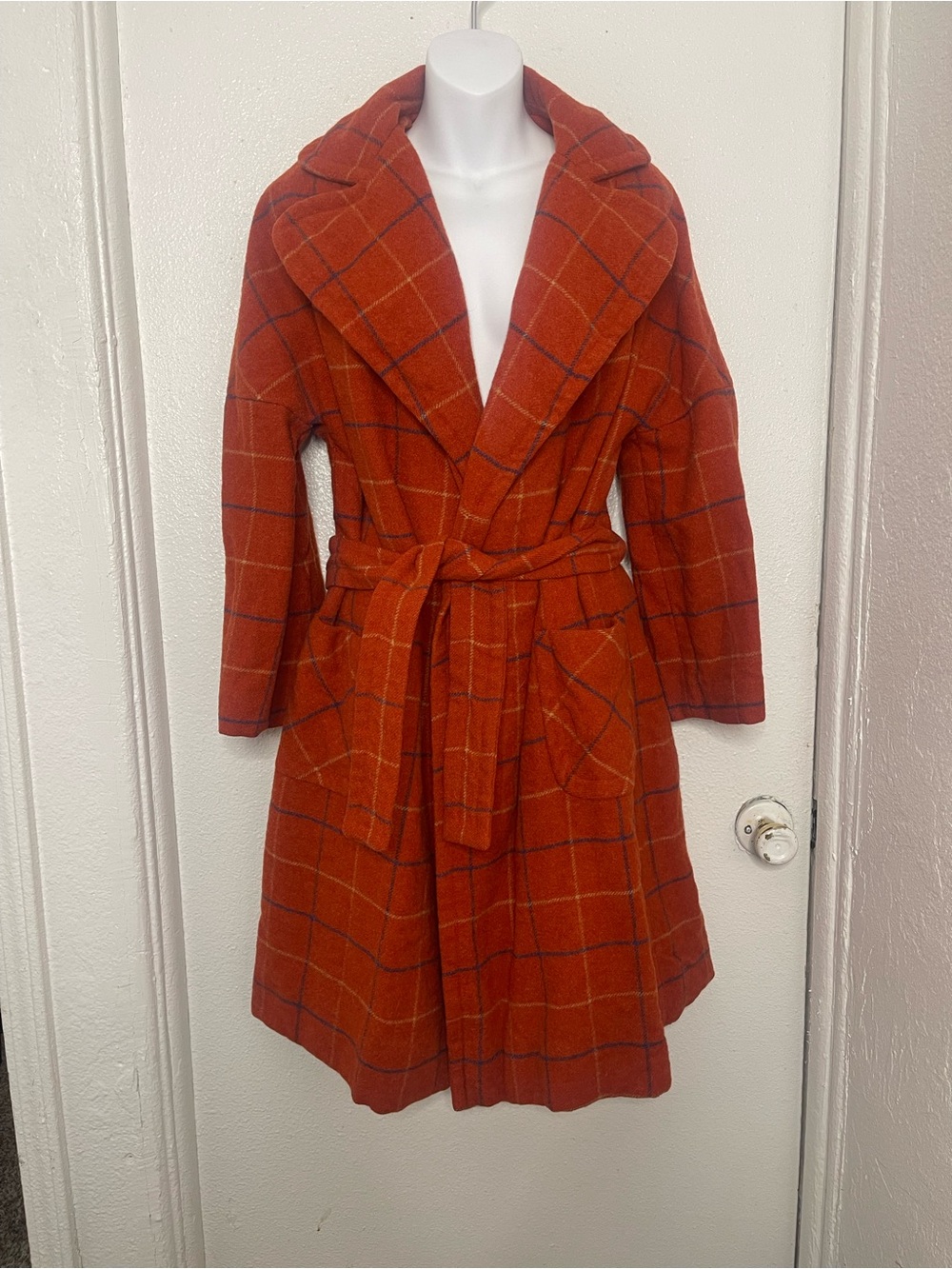 VINTAGE 1795- JOAN LESLIE Womens Orange Plaid Belted Wool Coat